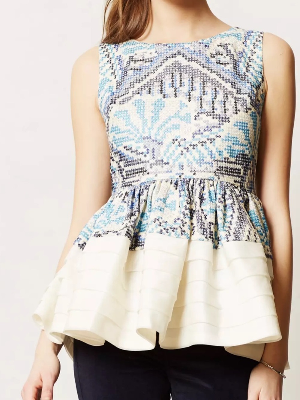 Anthropologie Fish Fry Manish Arora Kerala Blue /Cream Embroidered Peplum Top